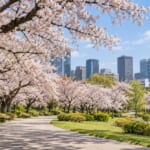都心の公園の桜並木と奥のビル群