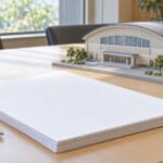 机の上の契約書とペン、体育館の模型