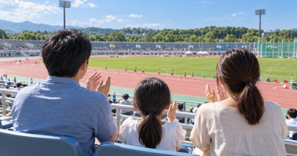 陸上競技場の地域の大会で拍手する家族の後ろ姿