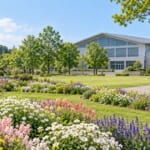 花畑のある公園と、奥に見える体育館