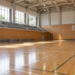 木の床の体育館の内観。バスケットゴールと観客席