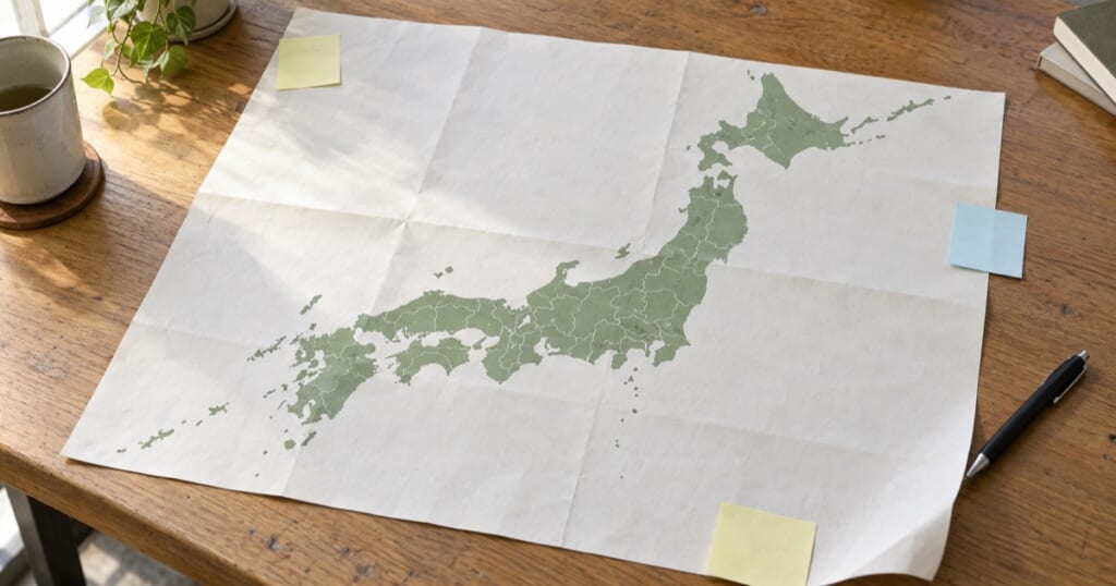机に広げた日本地図と付箋とペン
