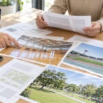 施設の写真と資料を広げて話し合う手元