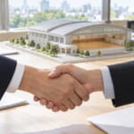 会議室で握手する2人の手元と体育館の模型