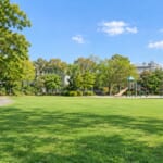 芝生の広い都市公園と遊具、木立とベンチ