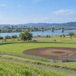 川沿いの大きな公園の野球場と奥にかかる橋
