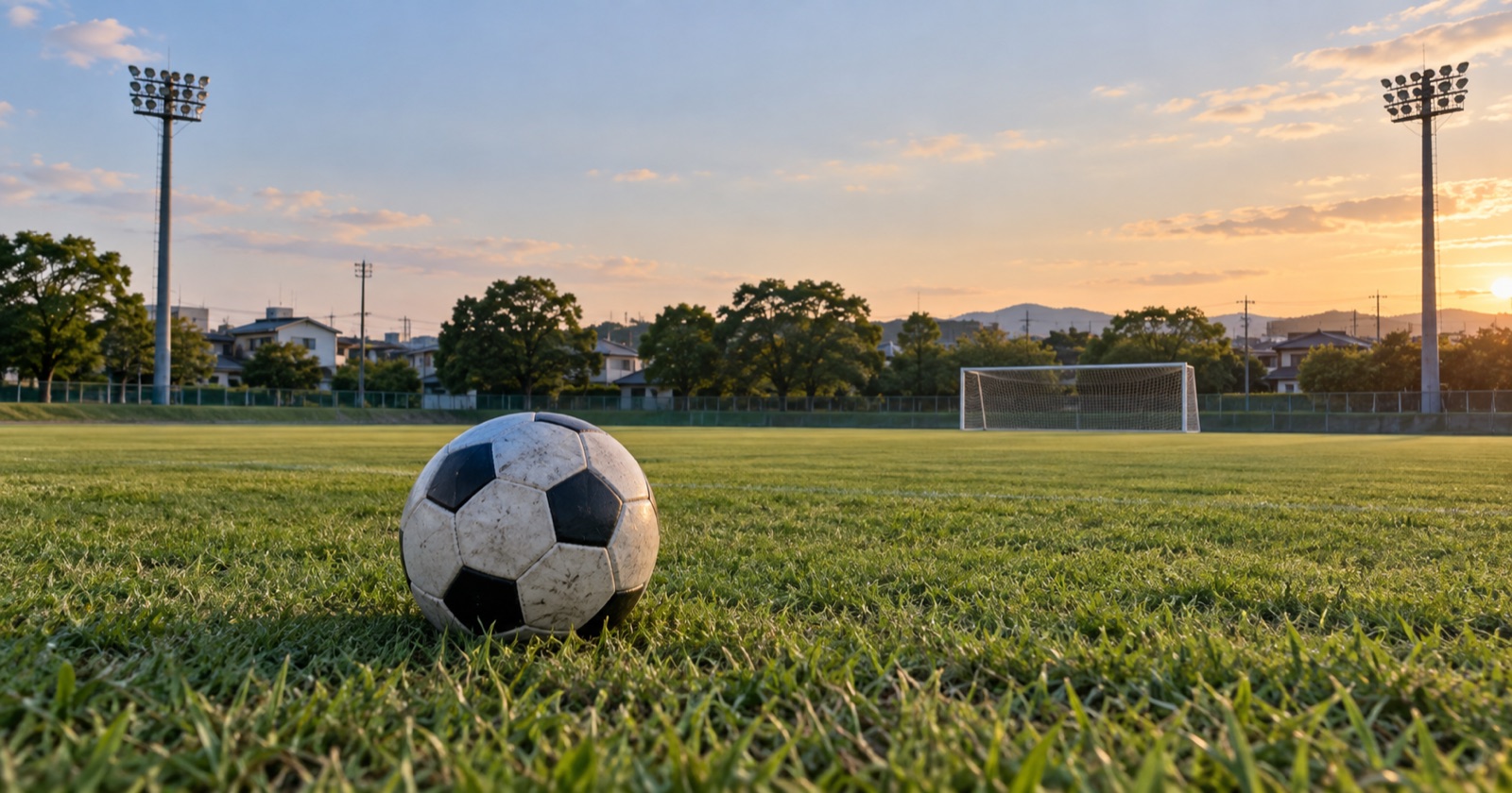 夕方のサッカーグラウンドと芝の上のボール